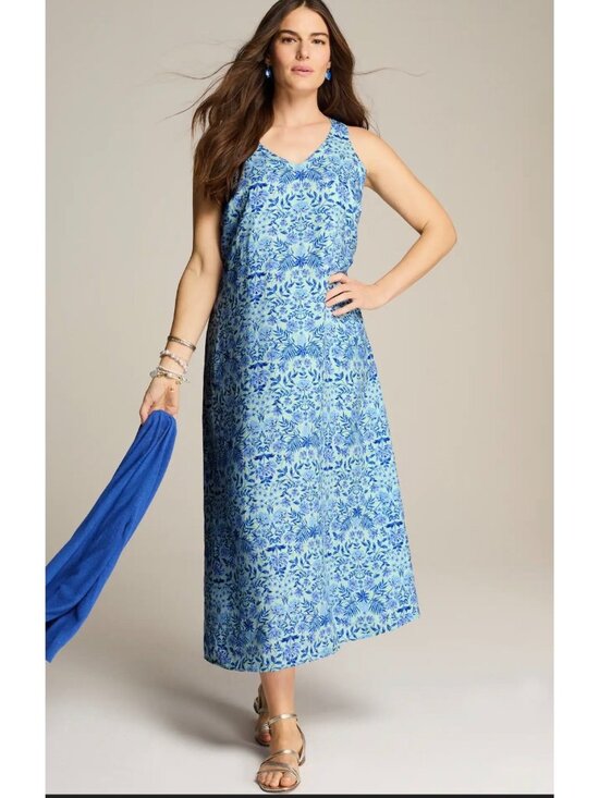 J. Jill Dresses & Skirts - J JILL Love Linen V Neck Maxi Dress Size L NWT Aqua Floral Coastal Summer
